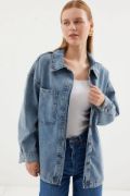 0694 Çift Cepli Oversize Denim Ceket - Buz Mavi resmi